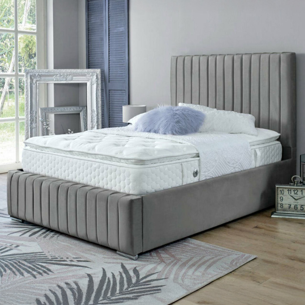 DS Living Savoy King Size Grey Panel Line Soft Velvet Bed Frame Image 4