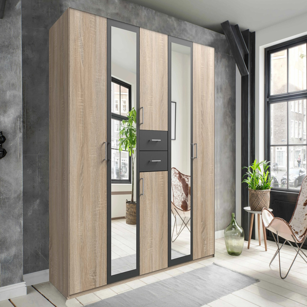 TJ'S Bristol 5 Door 2 Drawer Oak and Graphite Mirrored Wardrobe Image 1