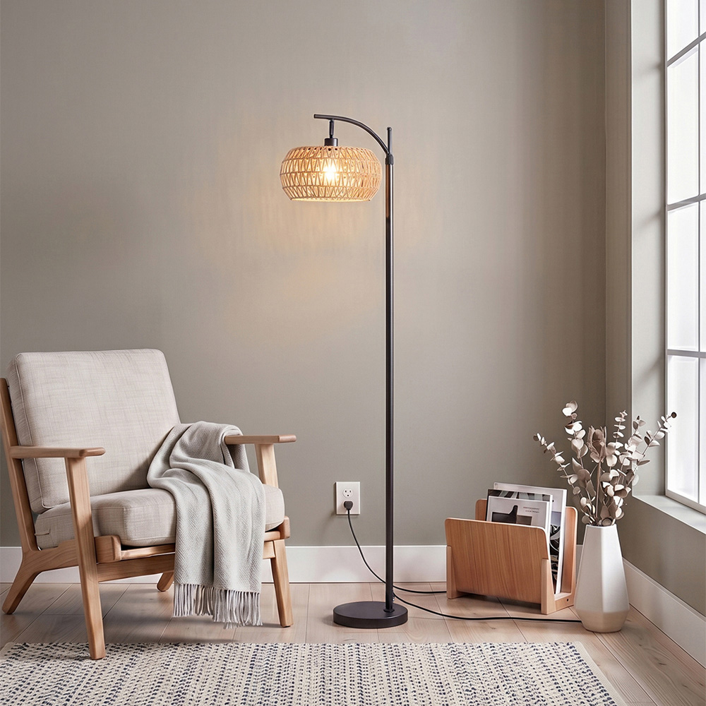 Living and Home Black and Natural Rattan Fabric Shade E27 Floor Lamp Image 2