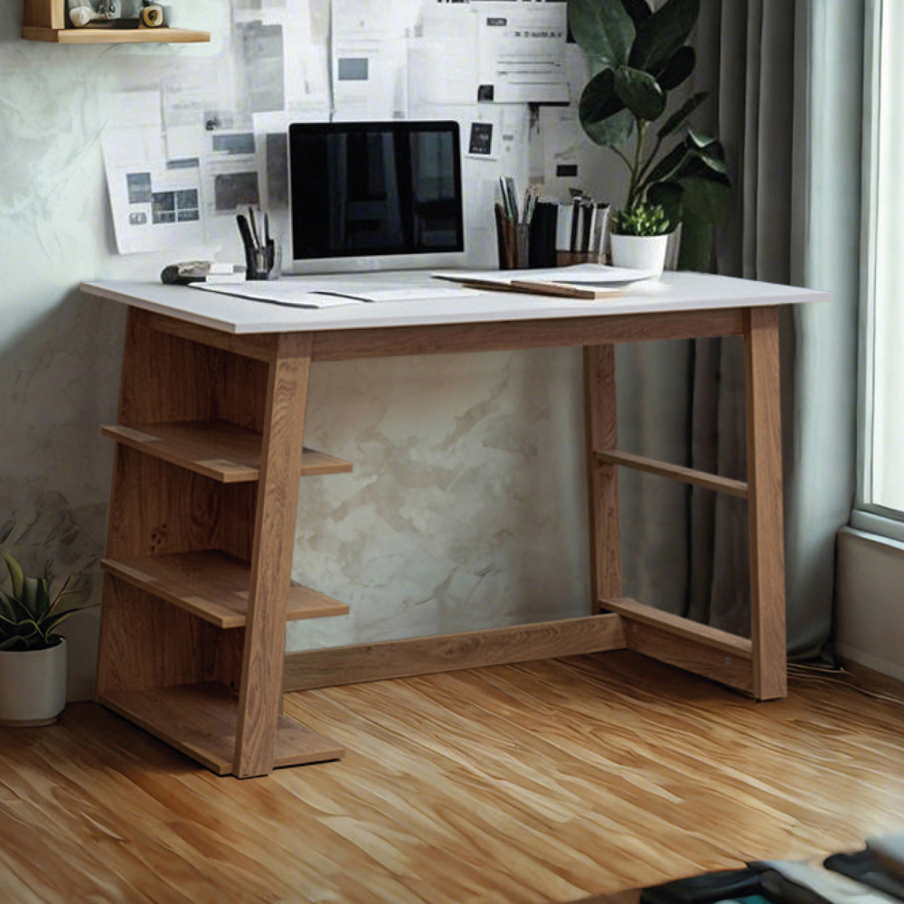 TTAP Monza Oak Effect and White Top 3 Shelf Office Computer Desk Image 6