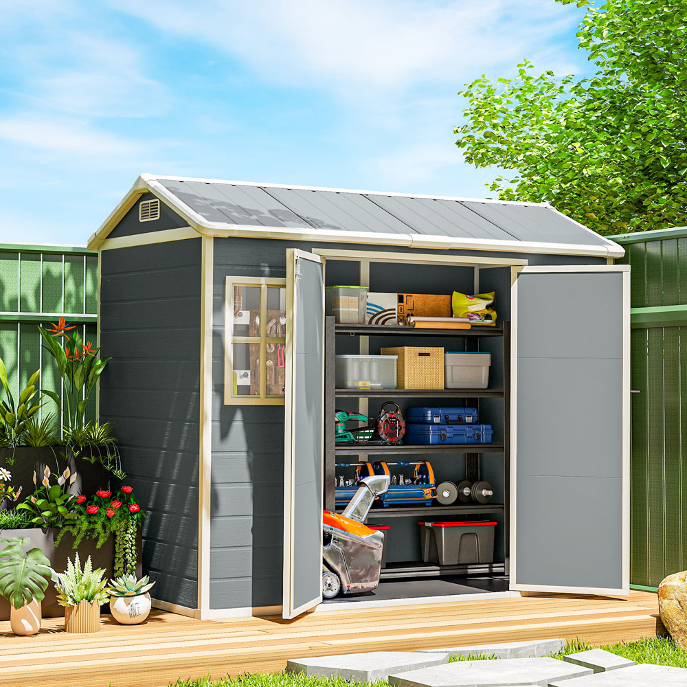 Outsunny 8 x 4ft Light Grey Apex Garden Shed with Built-In Floor Image 2