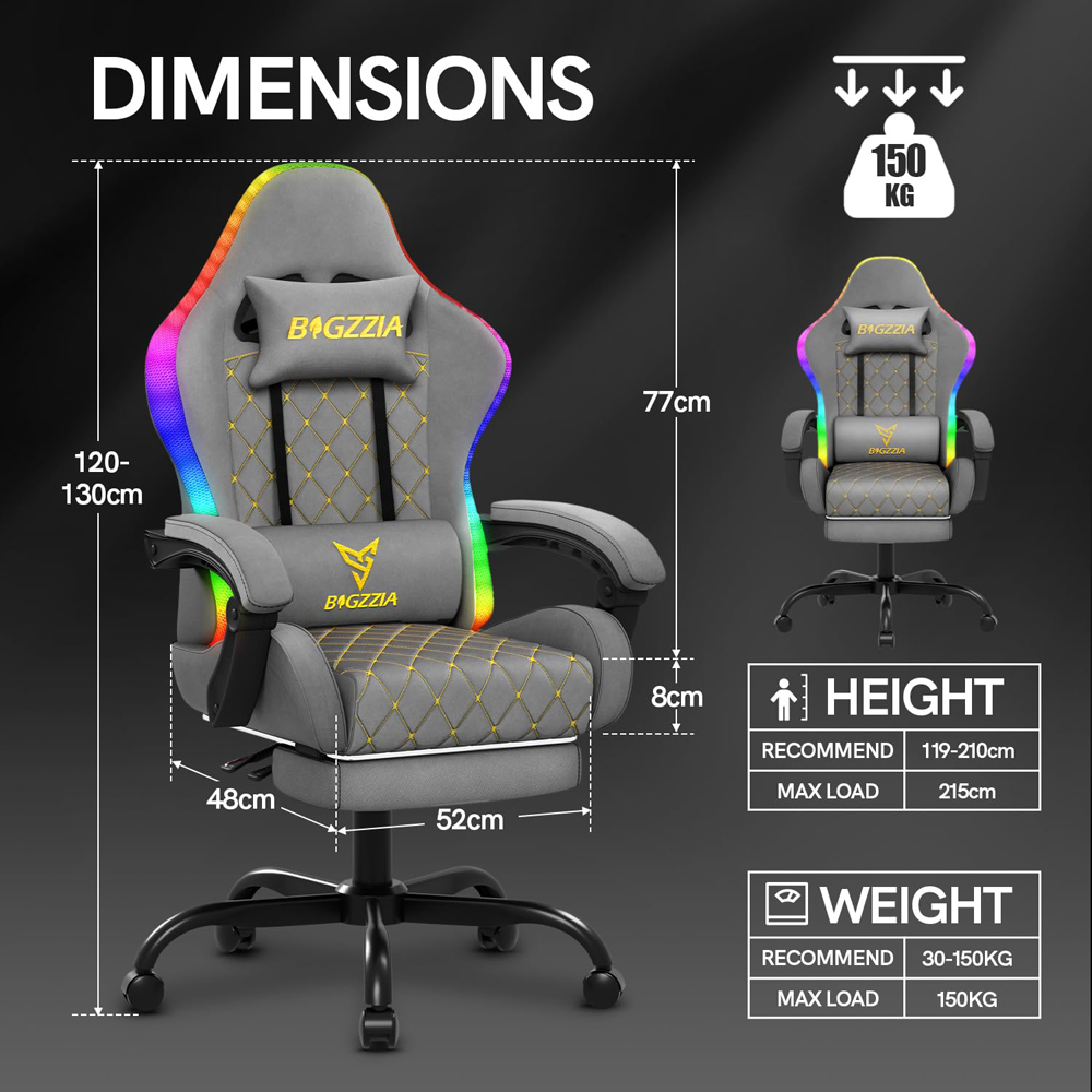 Rattrix Grey Reclining RGB Gaming Chair with LED Lights and Footrest Image 9