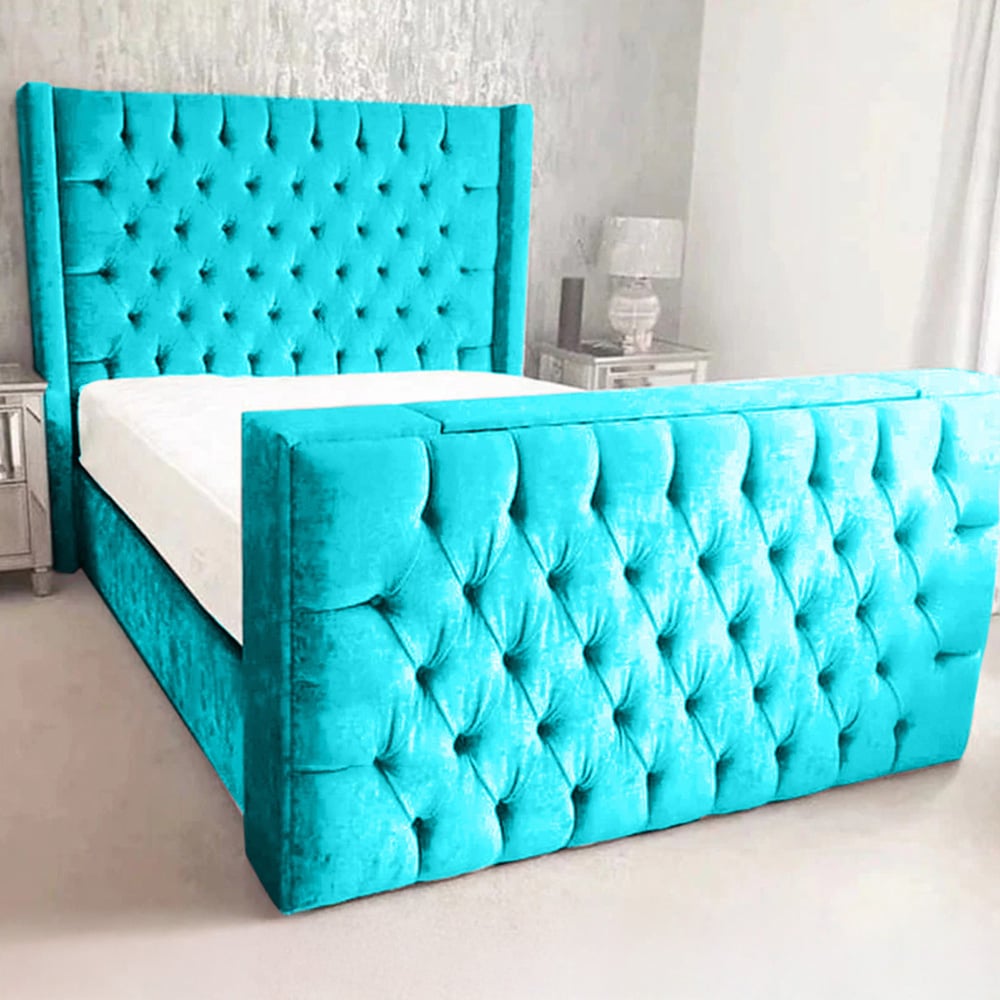 Eleganza Home Lokie Double Teal Plush TV Bed Frame with Headboard and Footboard Image 1