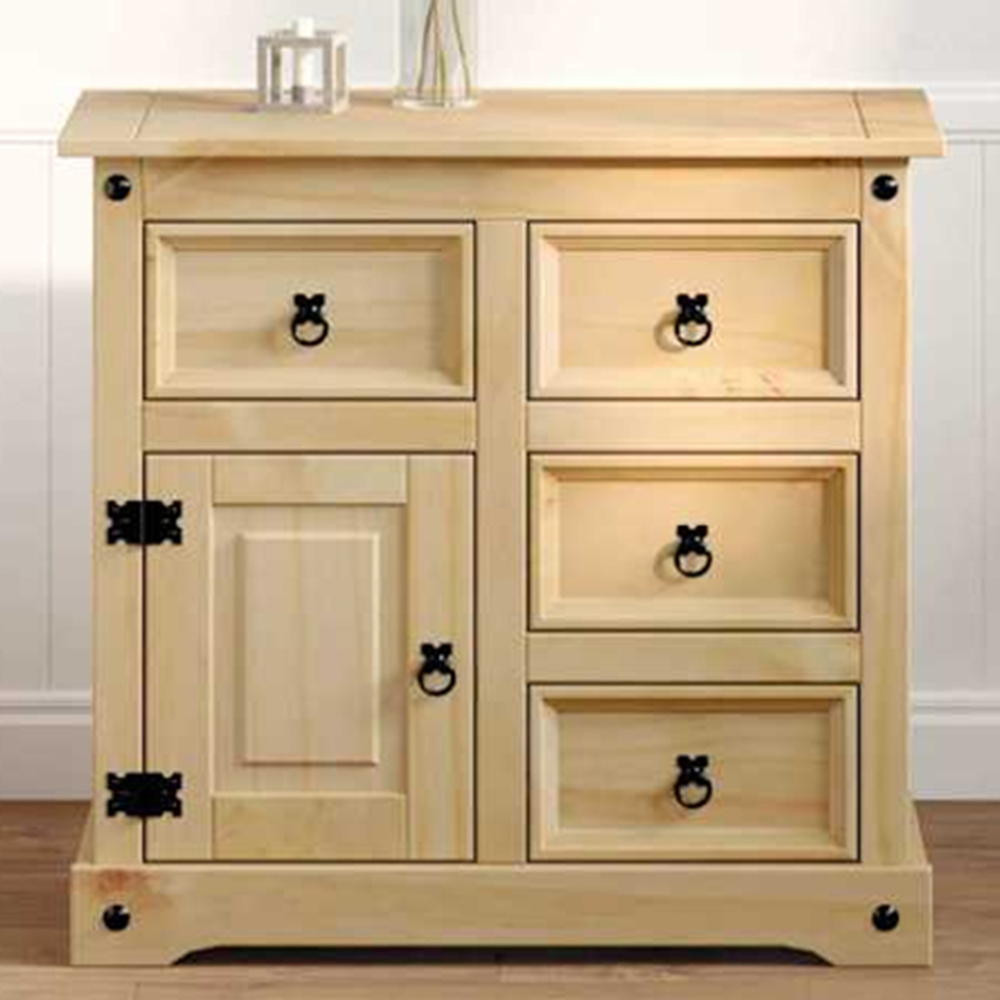 vidaXL Corona Single Door 4 Drawer Natural Solid Pine Wood Sideboard Image 1