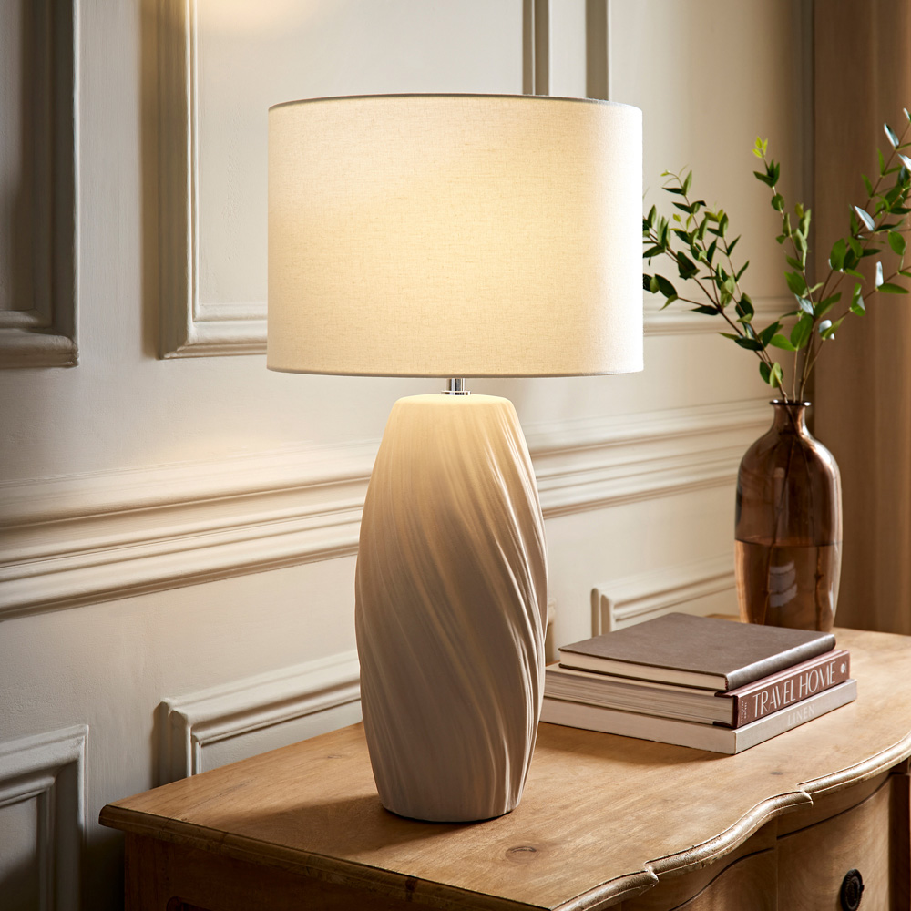 ValueLights Lydia Natural Linen Drum Lamp Shade Tall Swirl Natural LED Table Lamp Image 2