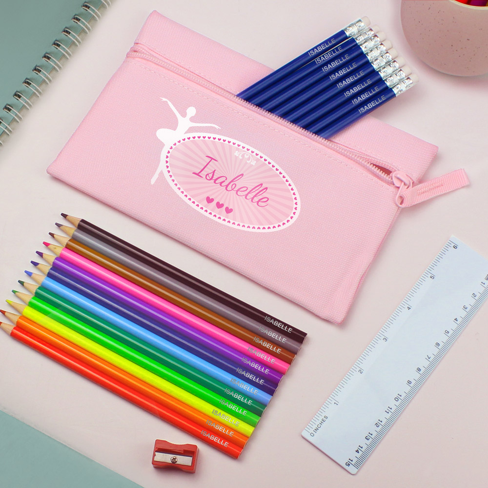 Personalised Memento Pink Ballerina Pencil Case with Personalised Pencils and Crayons Image 3