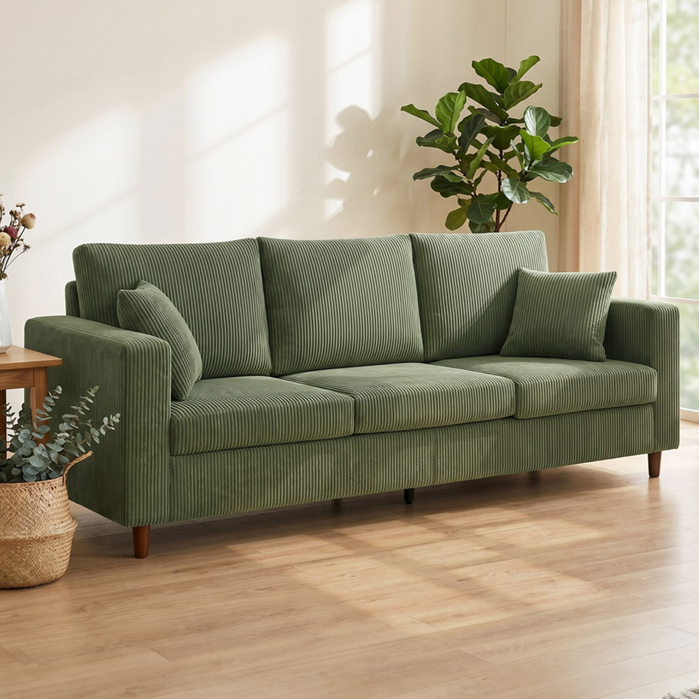 HOMCOM 3 Seater Green Corduroy Upholstered Wide Seat Sofa Image 1