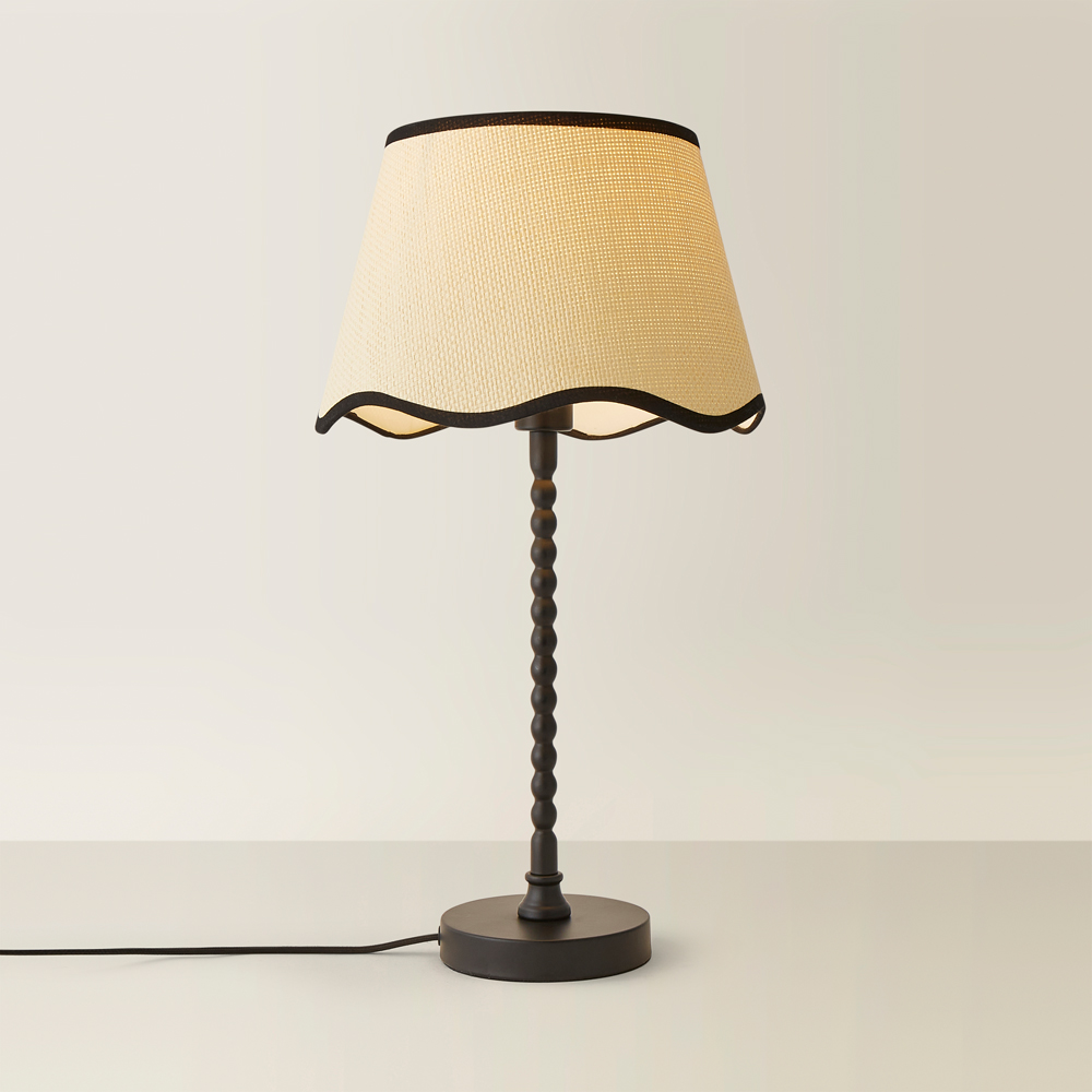 ValueLights Maeve Scallop Black Trim Drum Shade Bobbin Table Lamp and LED Bulb Image 5