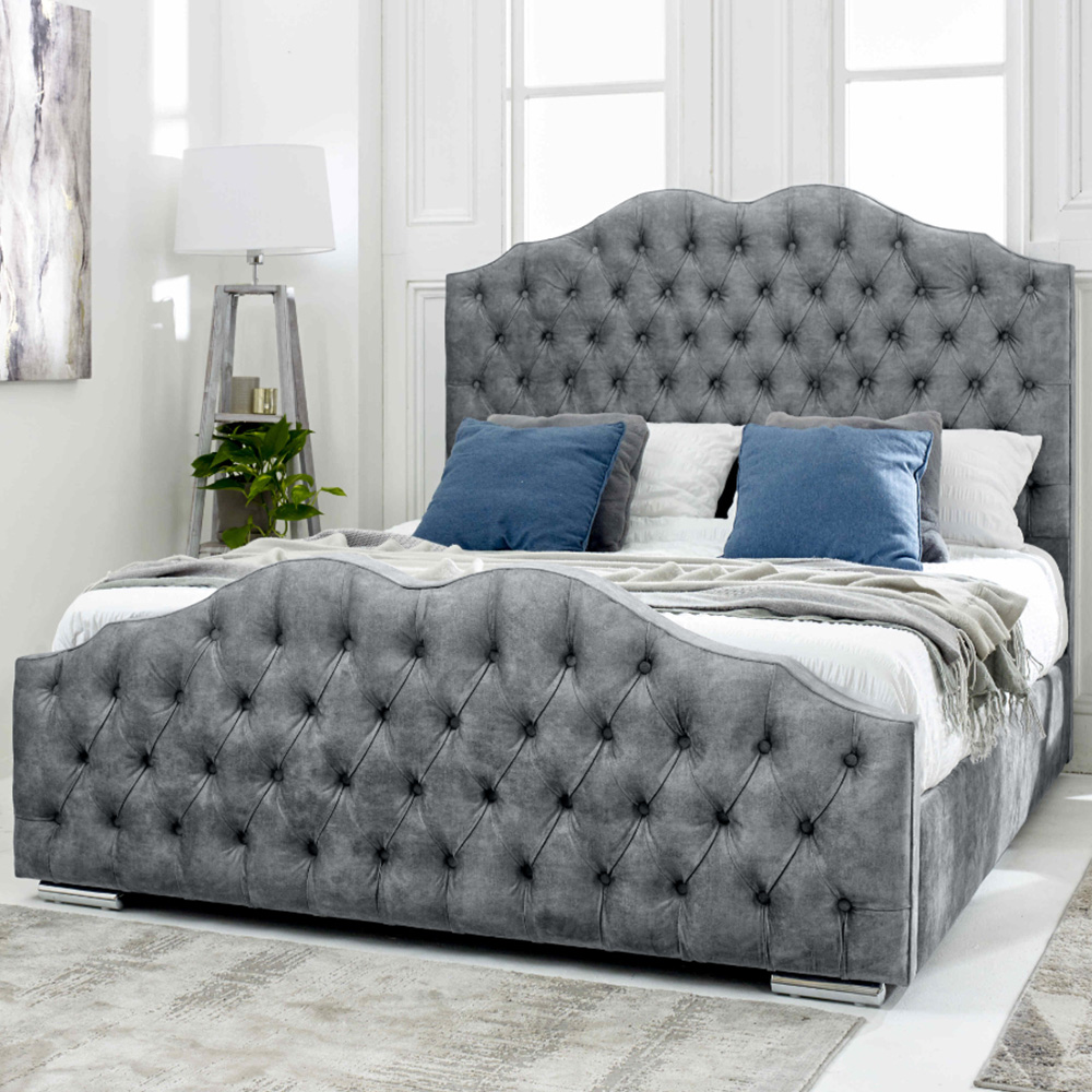 Eleganza Kenwood Single Silver Marble Fabric Bed Frame with Waved Design Headboard Image 1