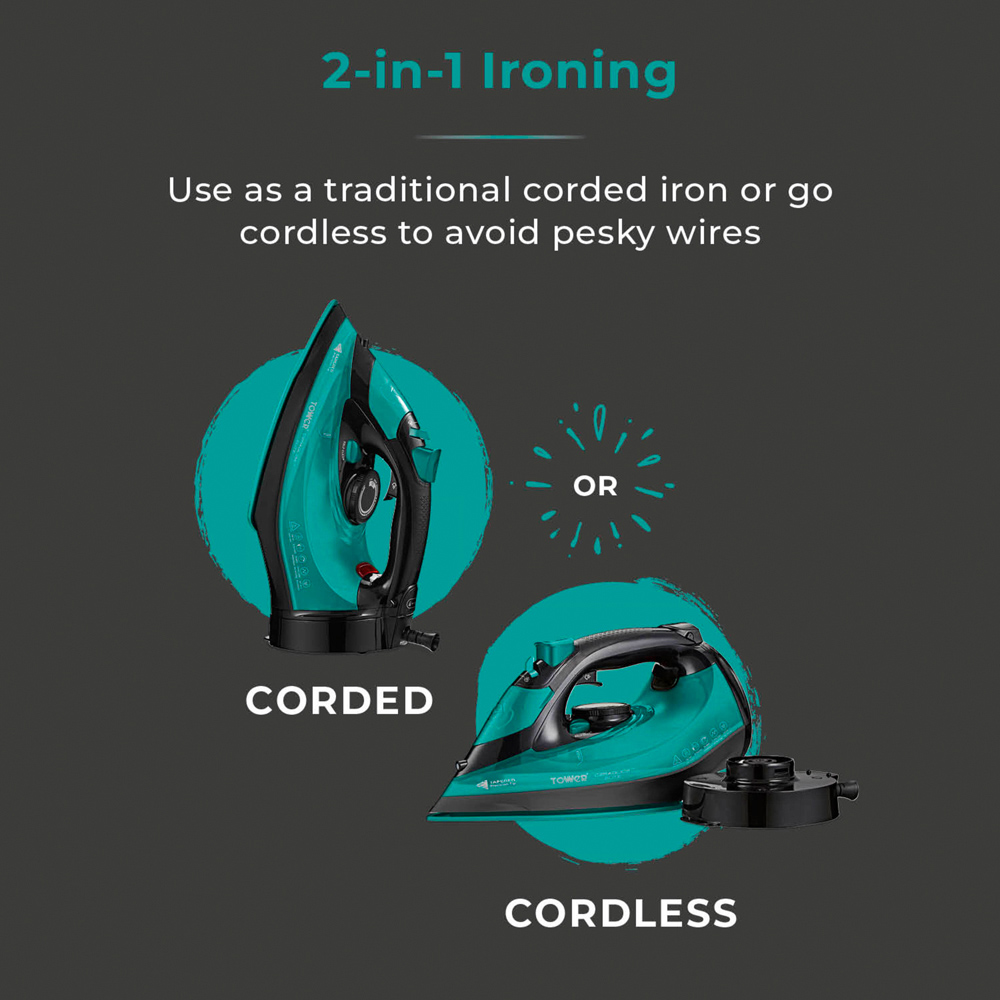 Tower Ceraglide Black and Teal Cord and Cordless Iron 2800W Image 4