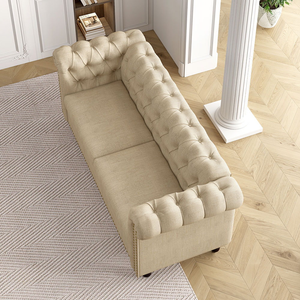 Victoria 2 Seater Beige Linen Button Tufted Chesterfield Sofa Image 8