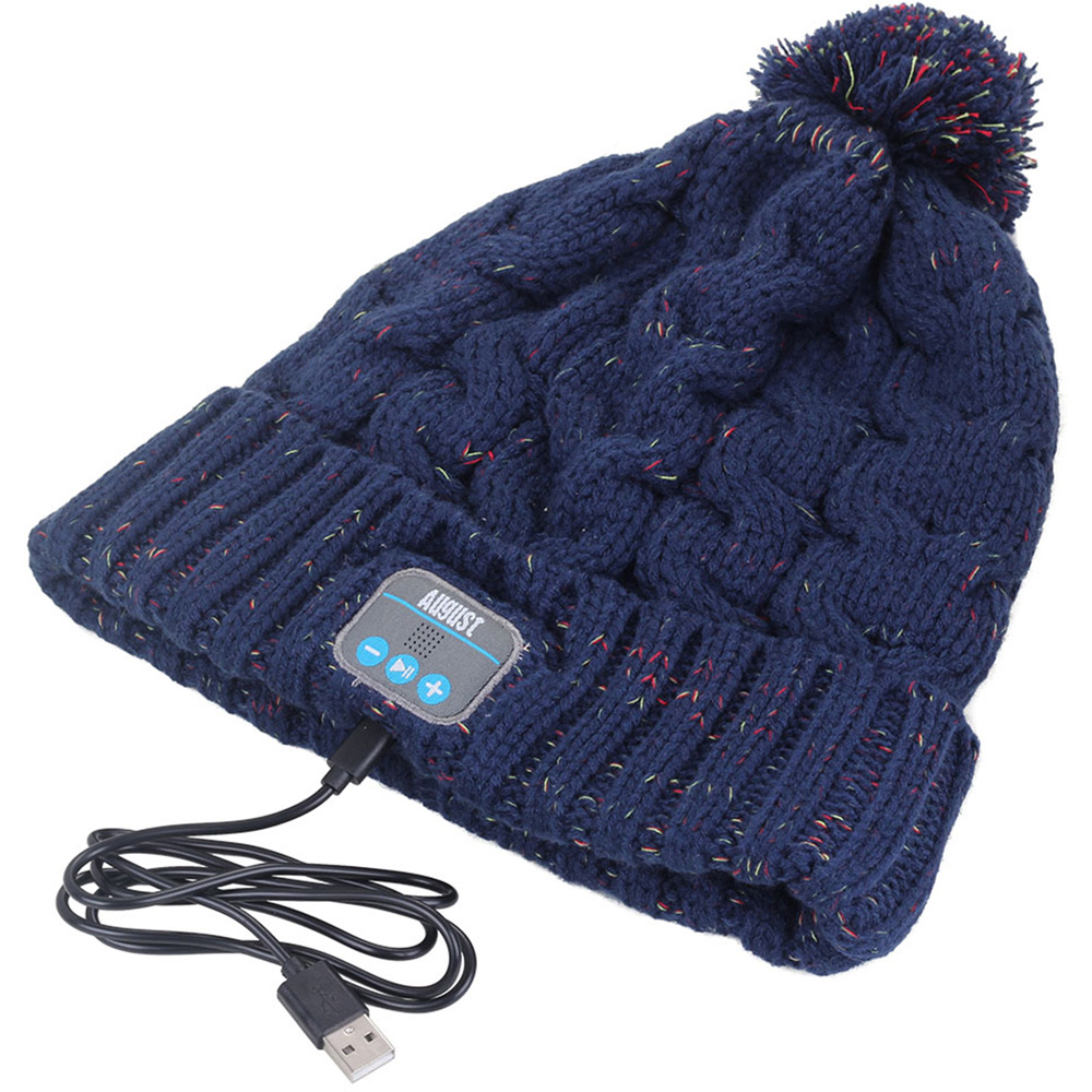 August EPA30L Blue Bobble Beanie Hat with Rechargeable Bluetooth Headphones and Mic Image 2