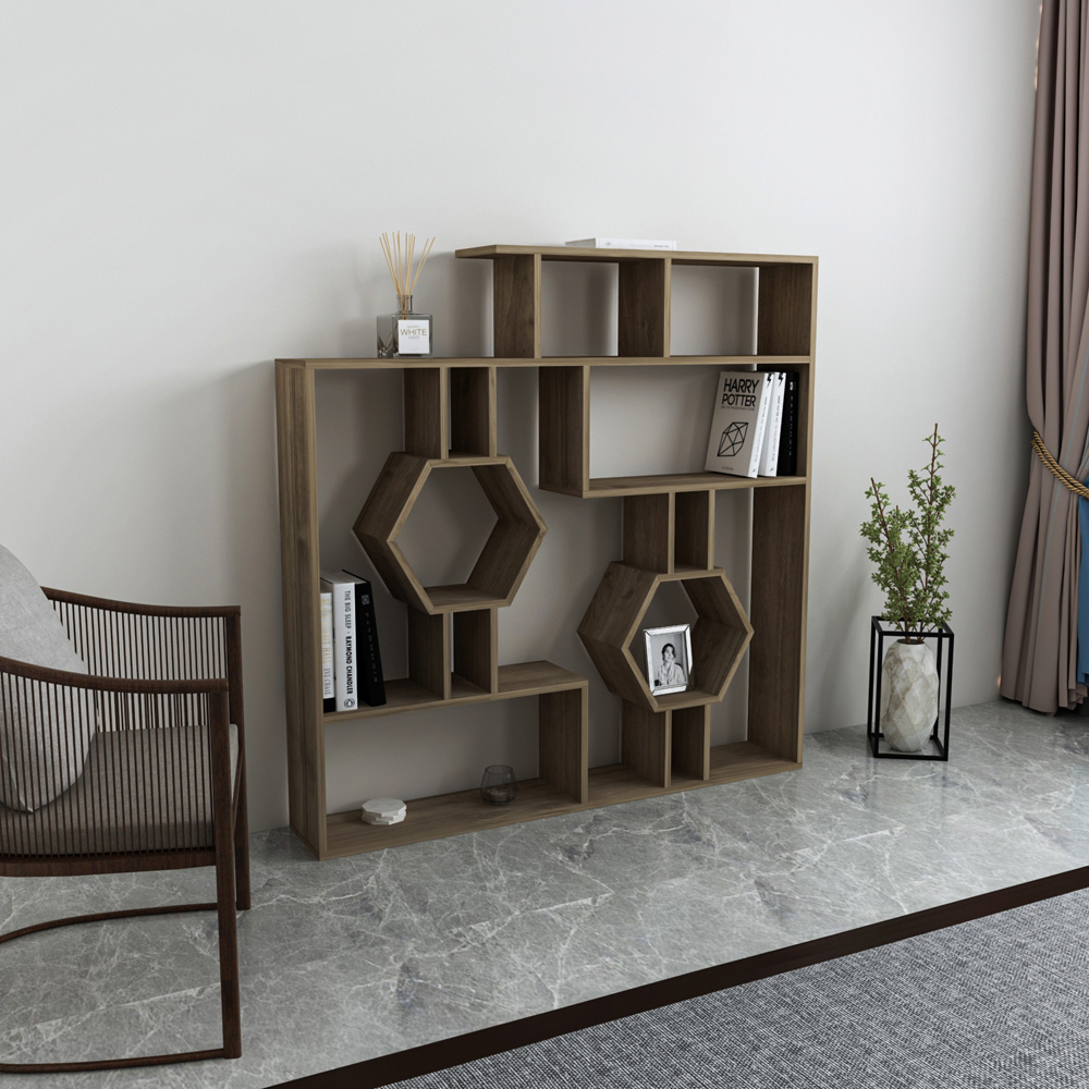 Decorotika Tamara Walnut Geometric Unique Bookshelf Image 6