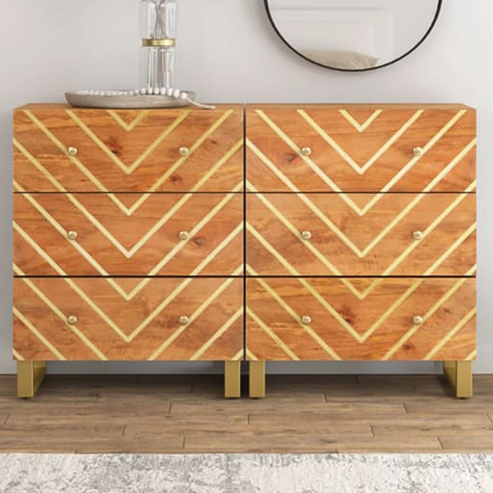 vidaXL 3 Drawer Brown and Black Solid Mango Wood Side Cabinet Set of 2 Image 1