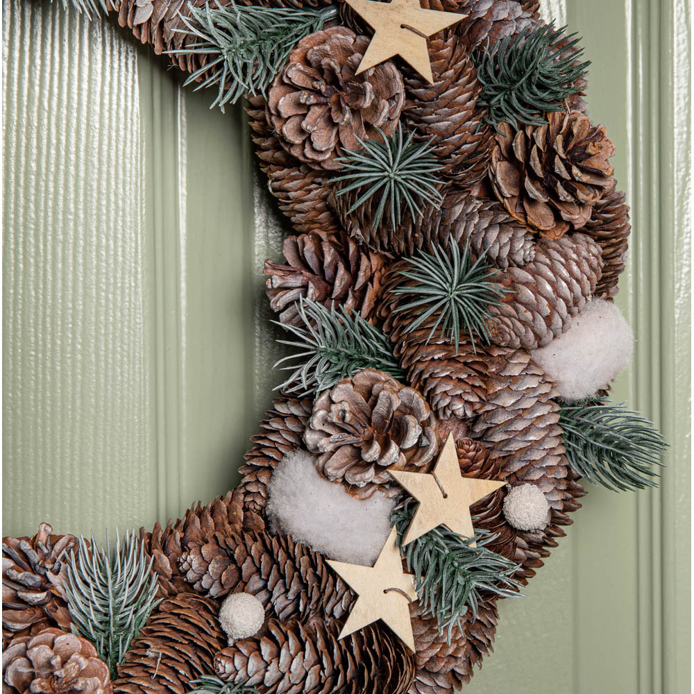 Samuel Alexander Frosted Christmas Wreath with Pine Cones and Wooden Stars 50cm Image 3