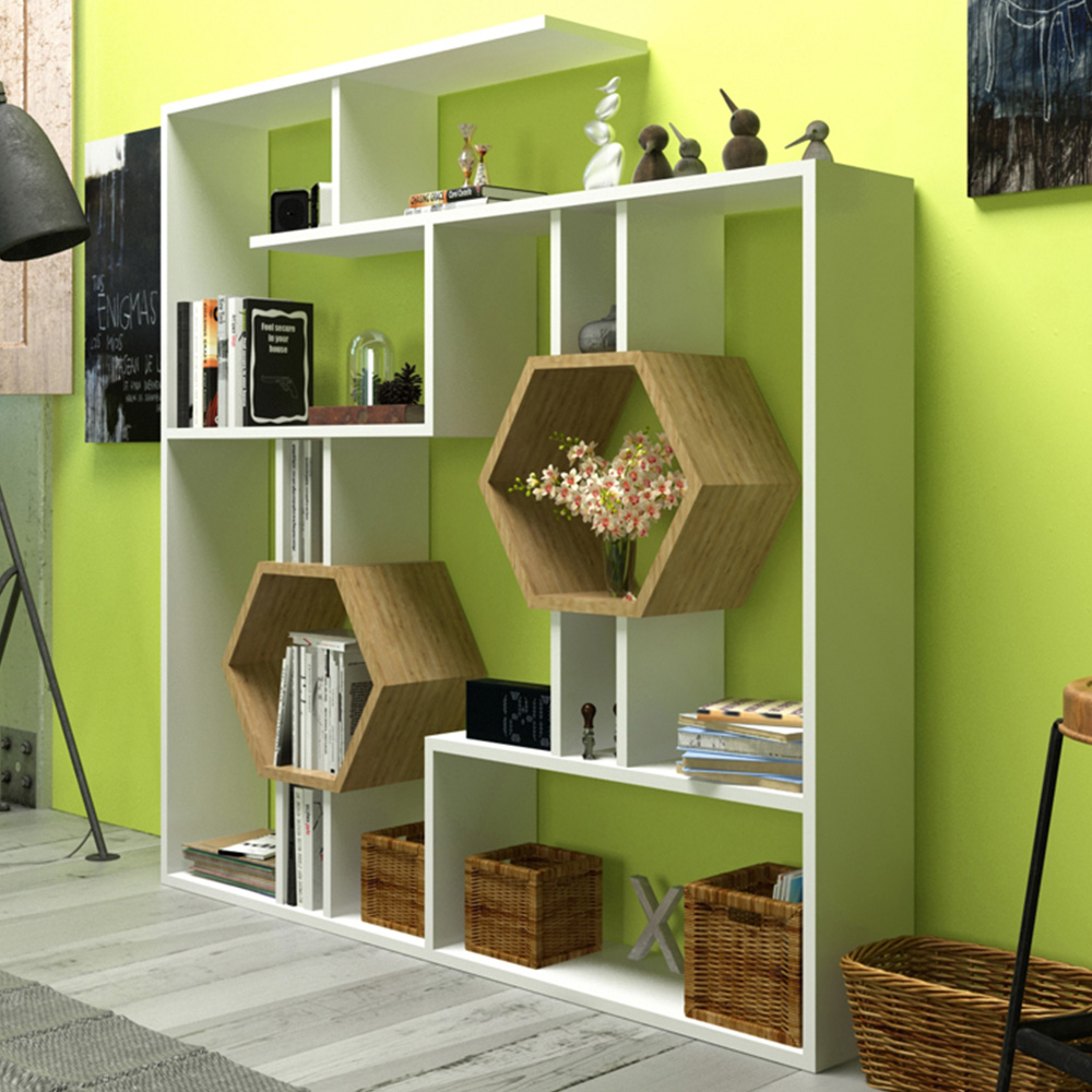 Decorotika Tamara White and Oak Geometric Unique Bookshelf Image 1