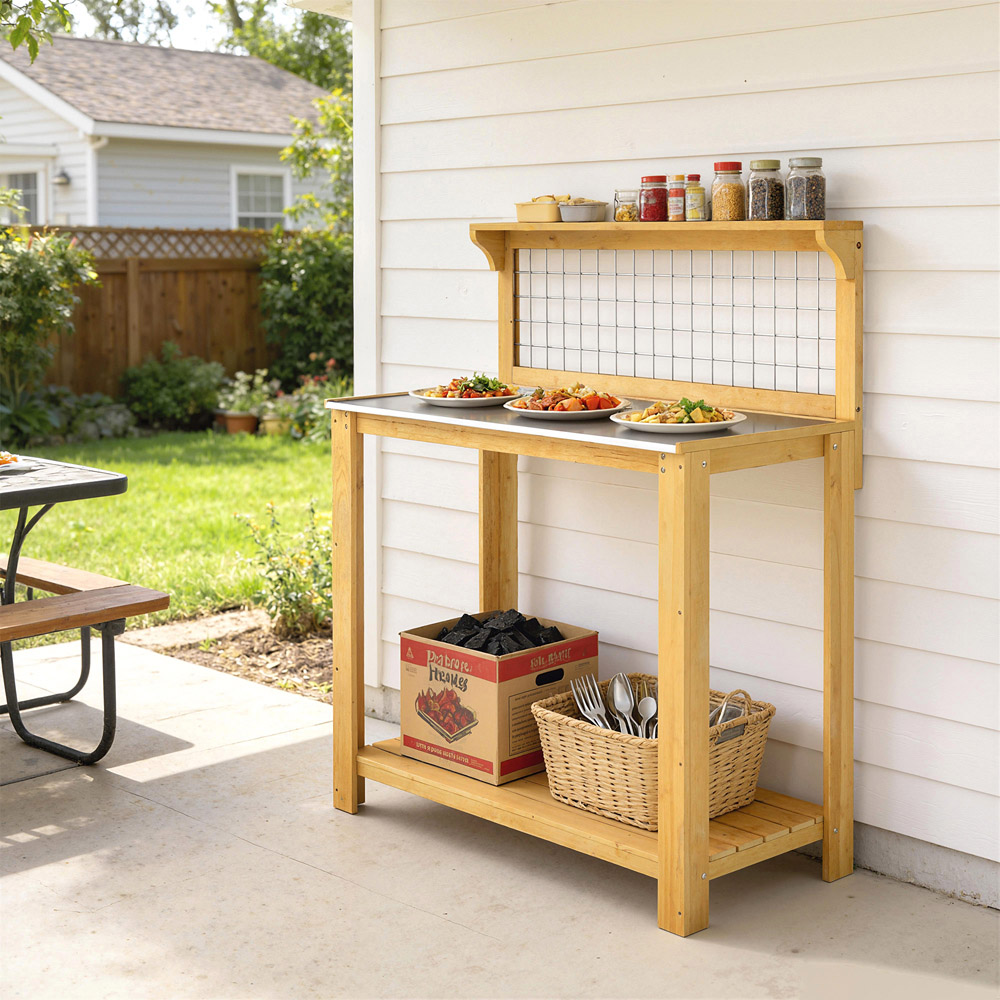Outsunny Wooden Potting Bench Table with Aluminium Worktop Image 4