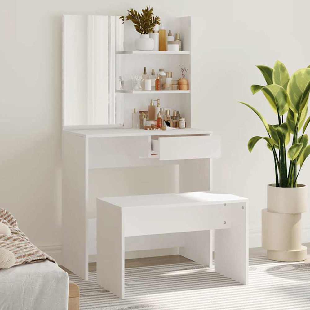 vidaXL Single Drawer 2 Shelf White Dressing Table and Stool Set with Mirror Image 1