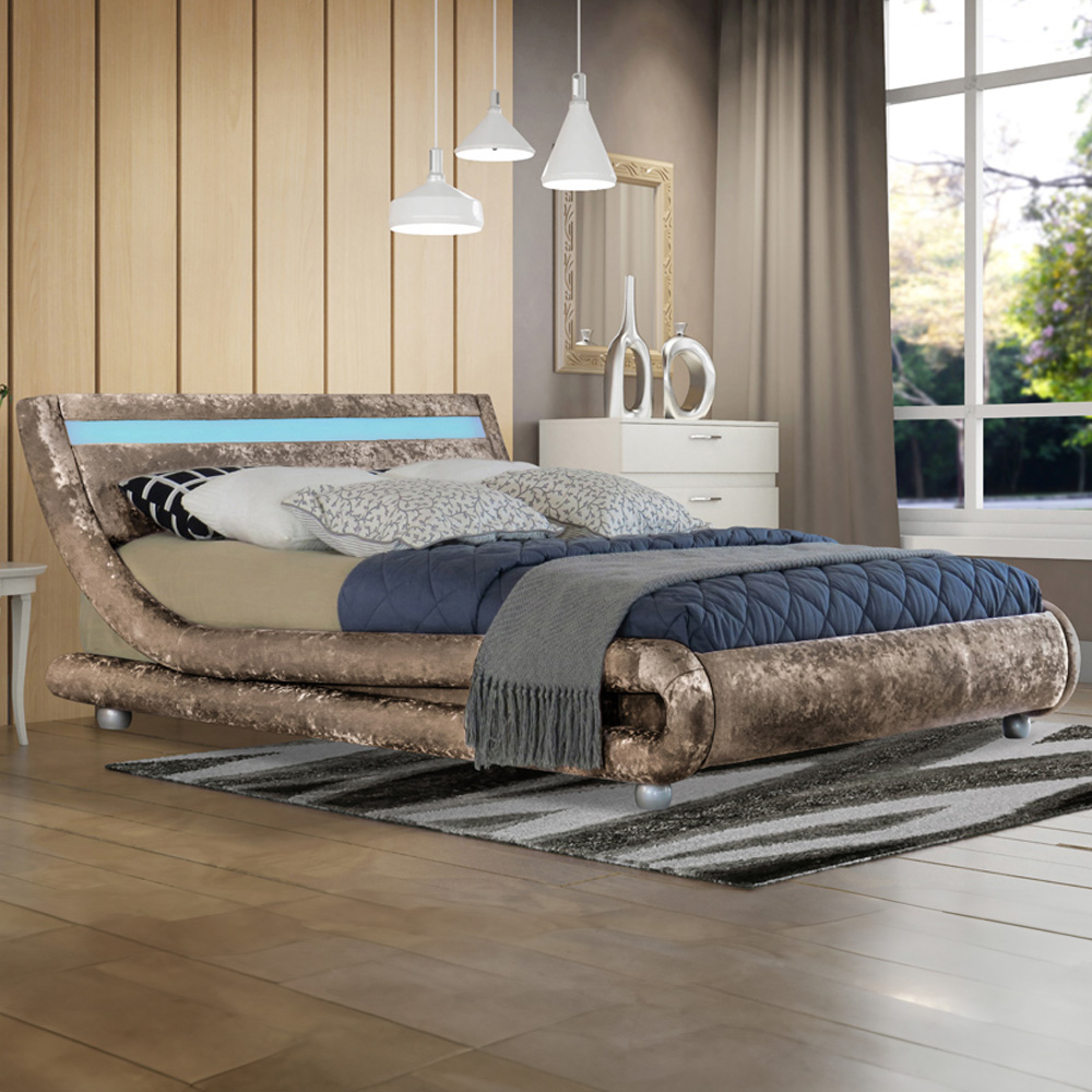 Brooklyn Modern Curved King Size Truffle Crushed Velvet LED Bed Frame Image 1