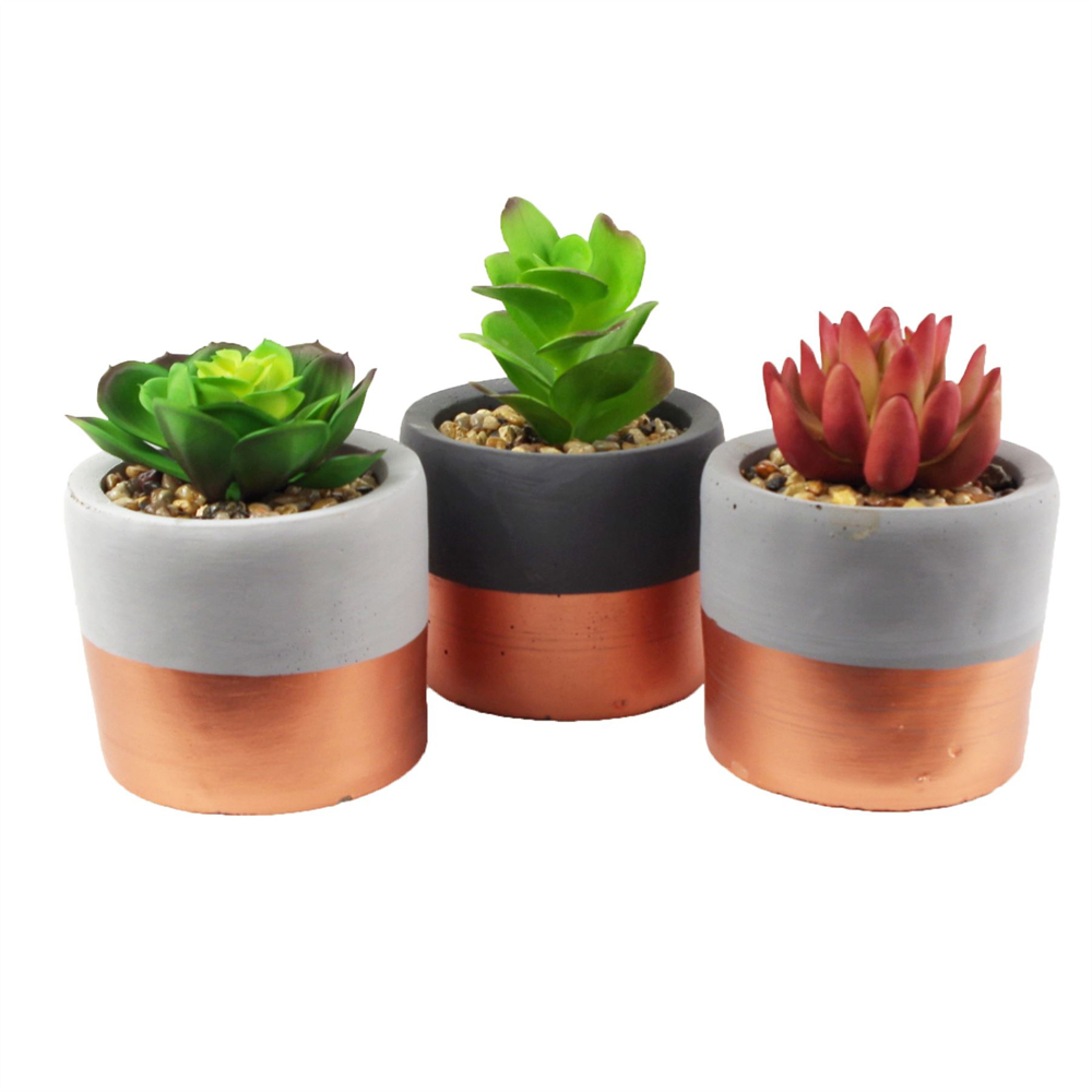 Leaf Succulent Artificial Plant with Copper Band Stoneware Mini Planter 14cm 3 Pack Image 1