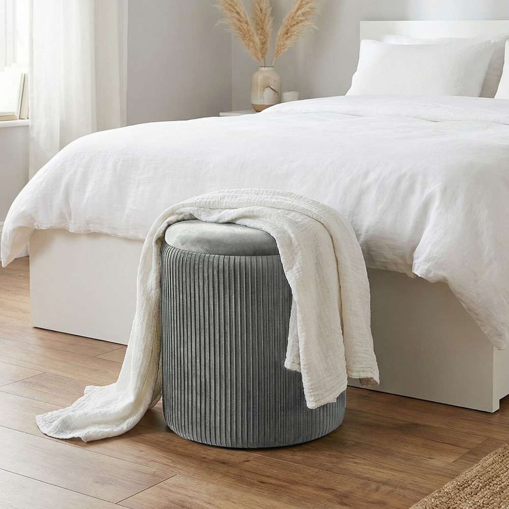 Portland Grey Round Storage Ottoman with Removable Top Image 3