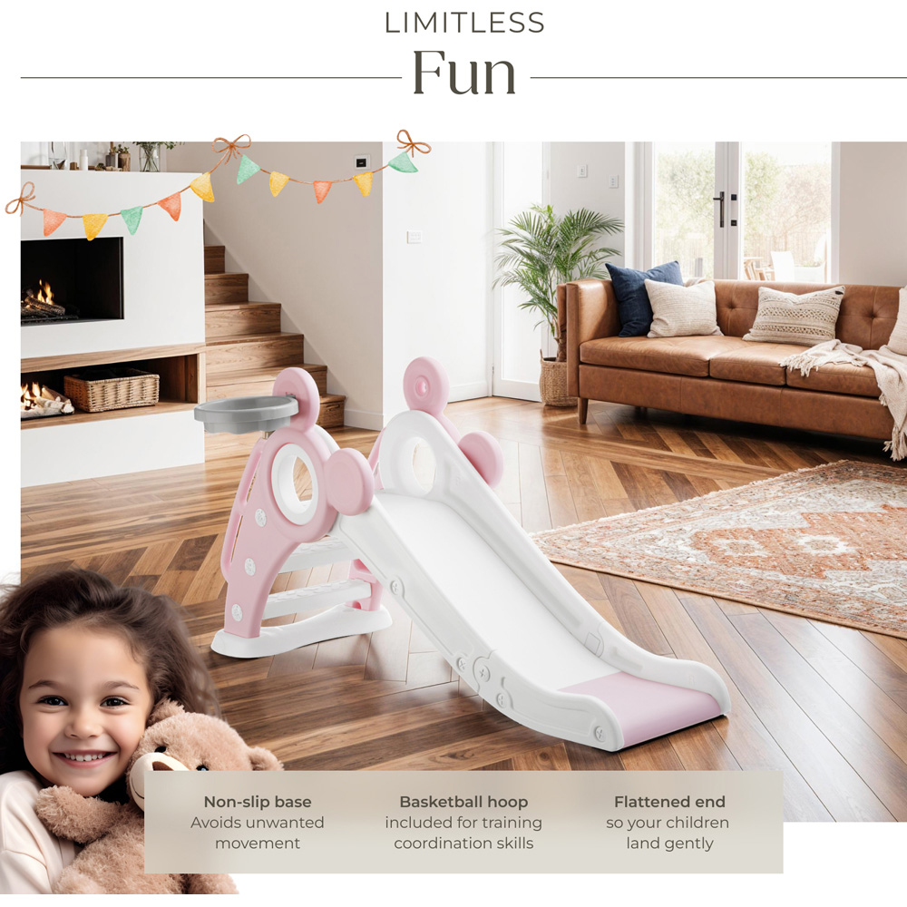 tectake Pink Children's Slide Joy with Basketball Hoop Image 7