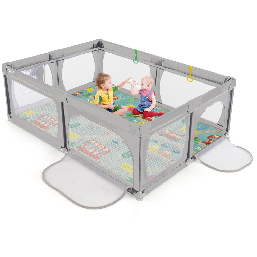 Costway Light Grey 4 Pull Rings Baby Playpen with Mat and Balls Image 1