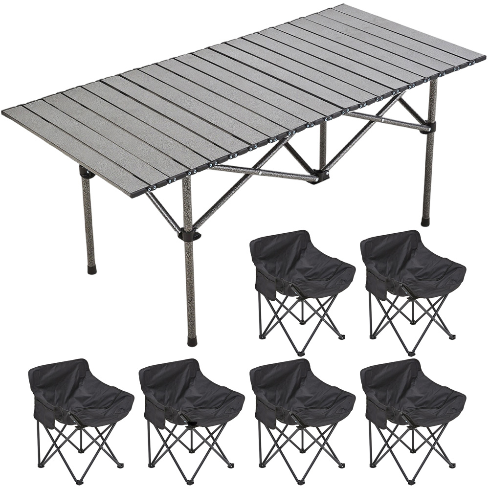 Living and Home 6 Seater Black Folding Camping Table and Chair Set Image 1