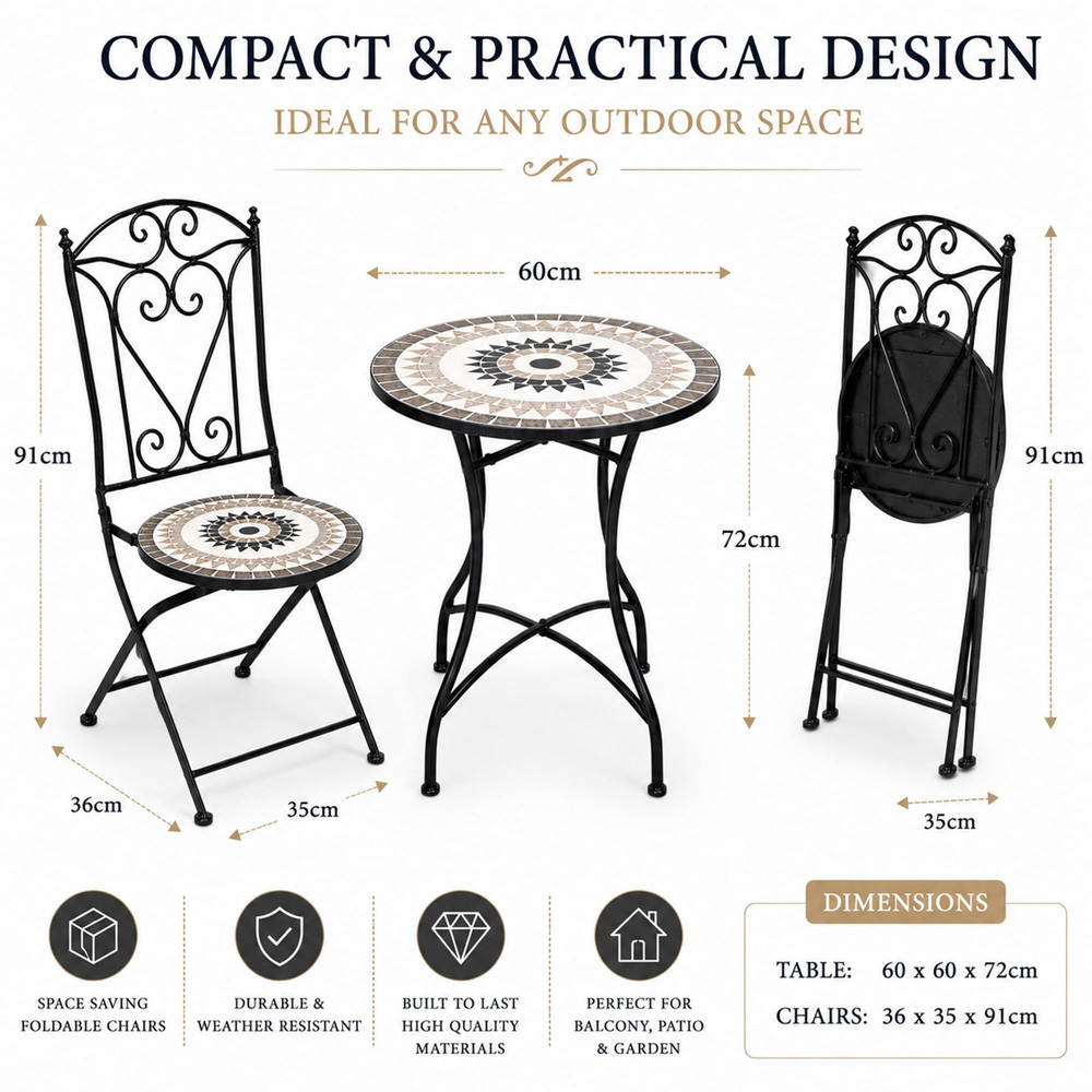 Shatchi Medina 2 Seater Mosaic Ceramic Tile Top Foldable Bistro Set Image 9