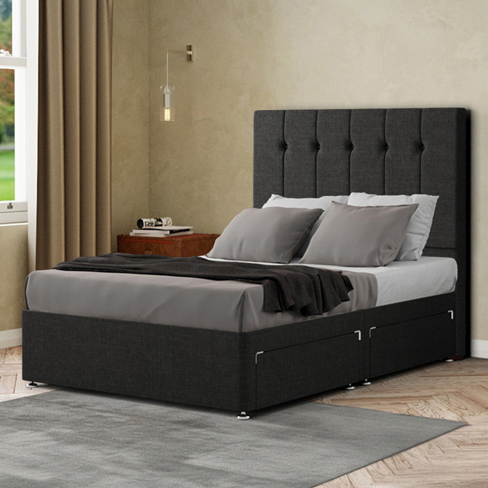 Portland Highland Single Black Linen Divan Bed with 2 Drawers and Headboard Image 1