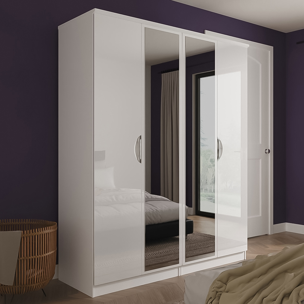 Crowndale Camden 4 Door Wardrobe White Gloss and White Mirrored Wardrobe Ready Assembled Image 1