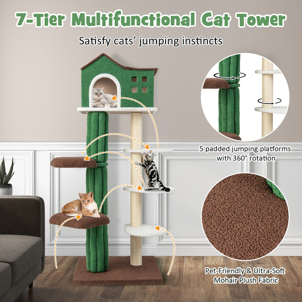 Costway 7 Tier Green Cat Tree Tower with Sisal Scratching Posts Image 8