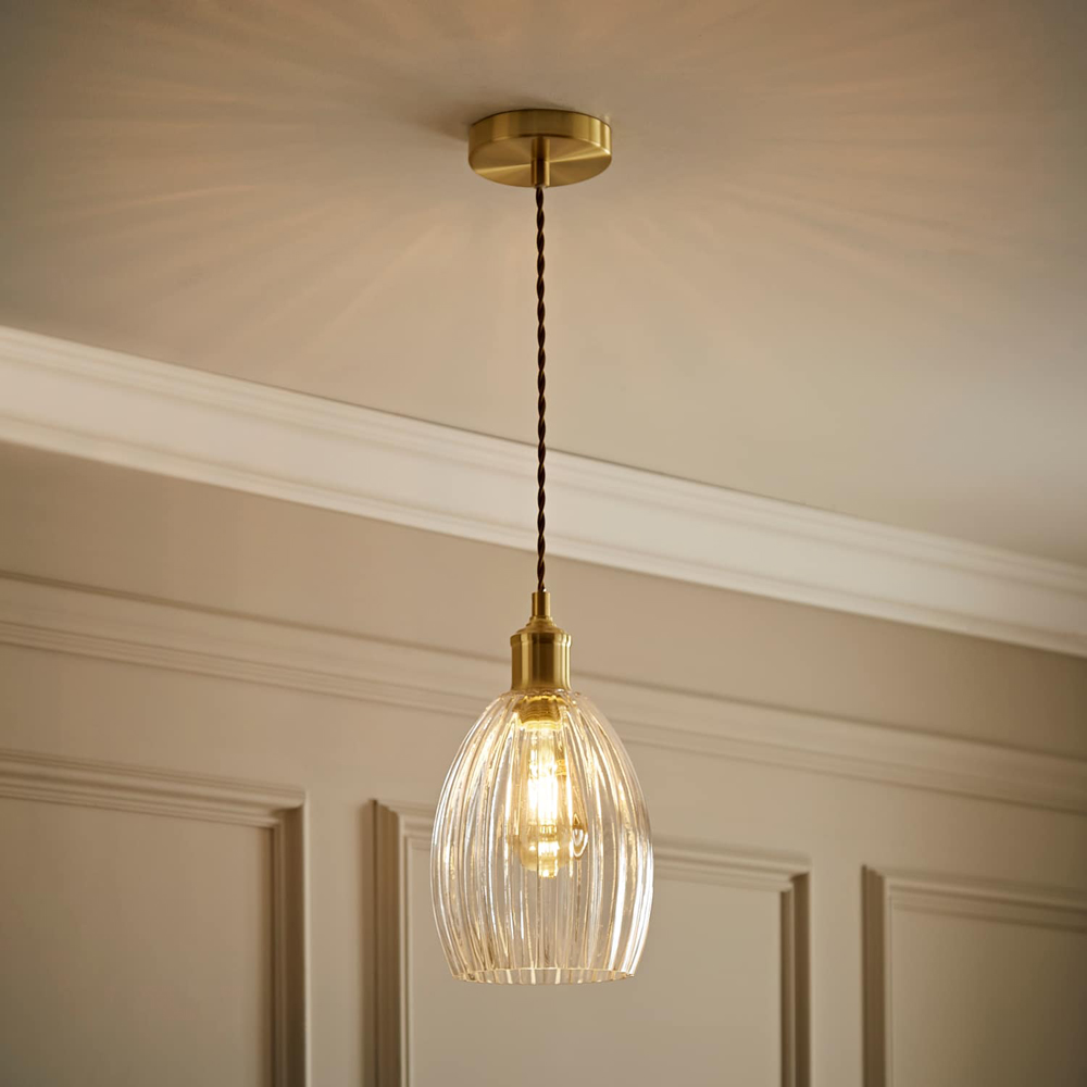 ValueLights Cheltenham Ribbed Shade Brushed Gold Ceiling Pendant Light with Bulb Image 7