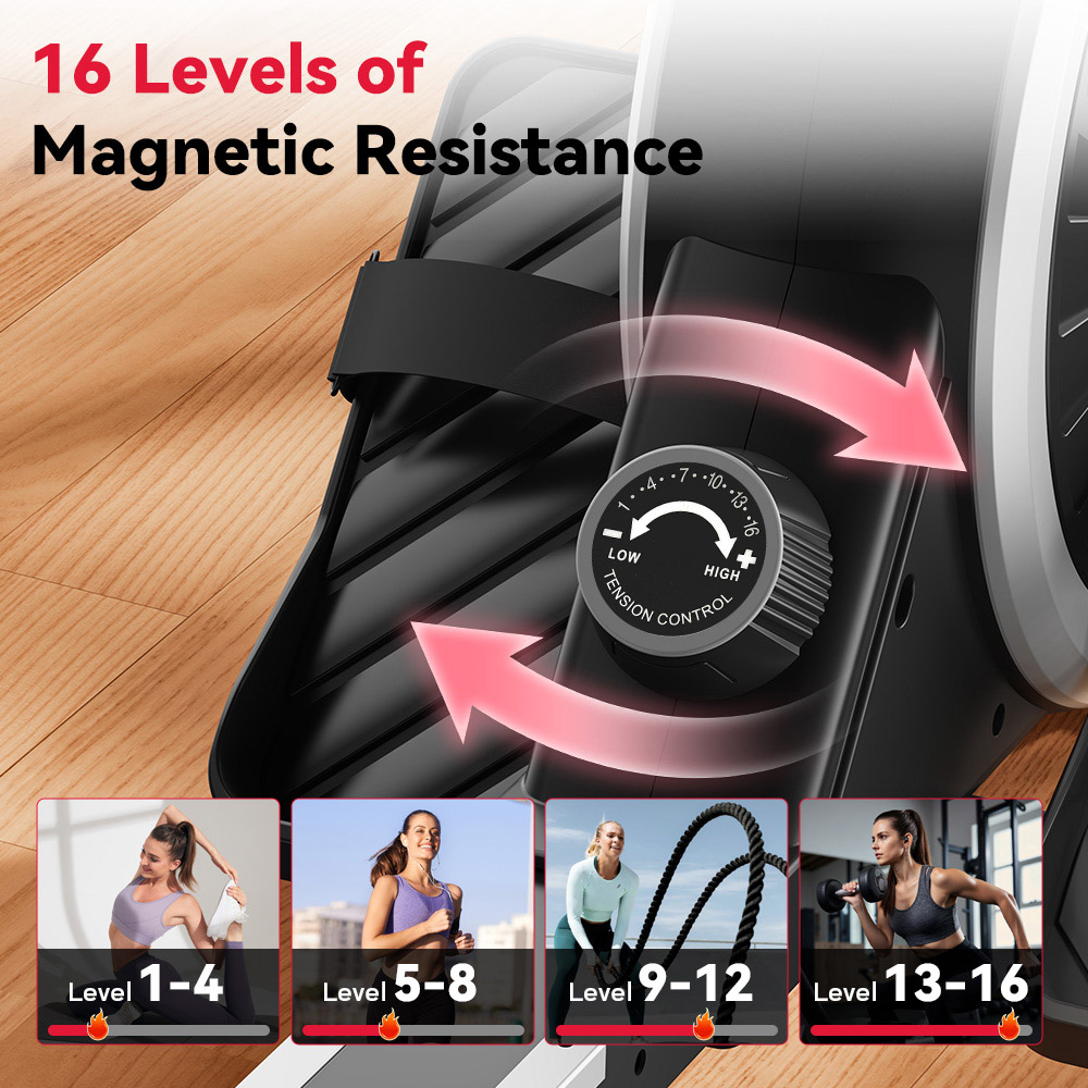 Rattrix Black 16-Level Resistance Magnetic Rowing Machine Image 3