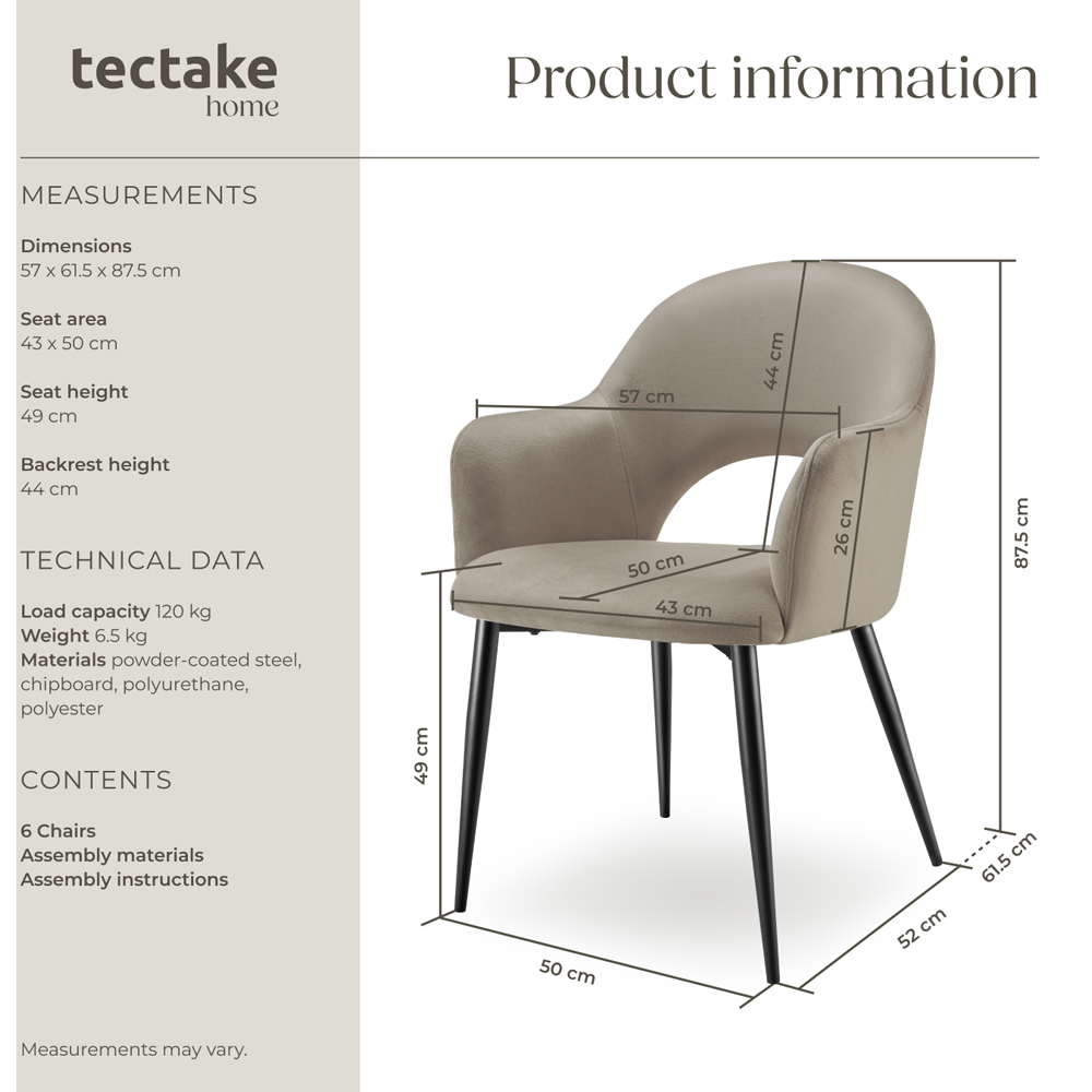 Tectake Sasha Set of 6 Taupe Velvet Padded Dining Chair Image 9