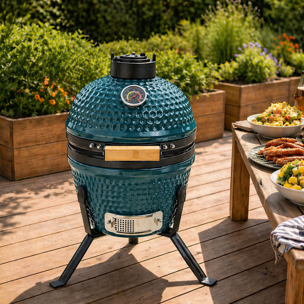 Neo Kamado Blue Portable Ceramic 13 inch Mini BBQ Grill Smoker with Stand Image 4