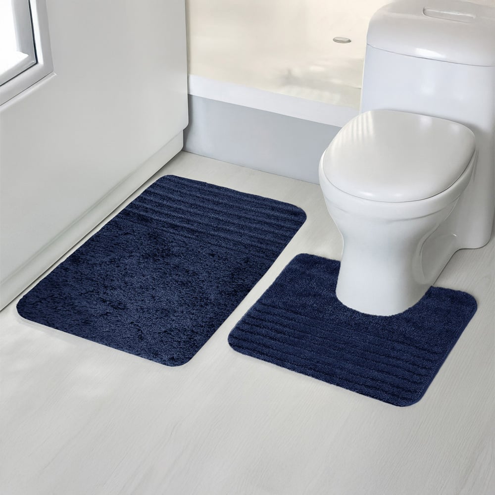 Velosso Linear Navy Bath Mat Set Image 2