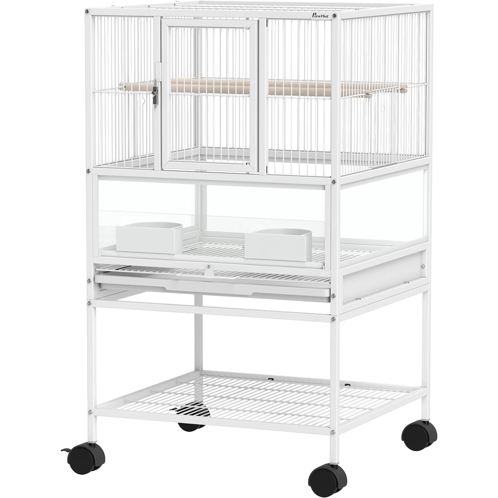 PawHut Large White Acrylic Bird Cage with Rolling Stand and Viewing Panel Image 1