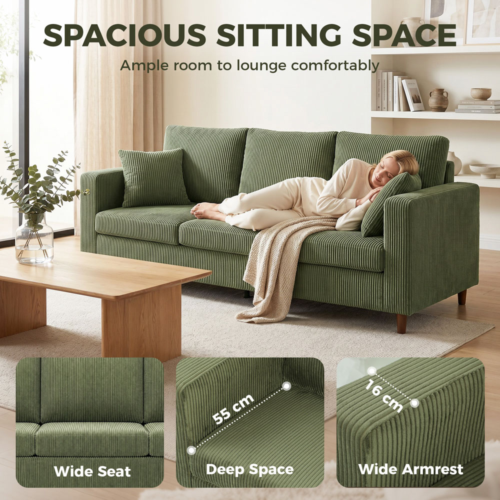 HOMCOM 3 Seater Green Corduroy Upholstered Wide Seat Sofa Image 4