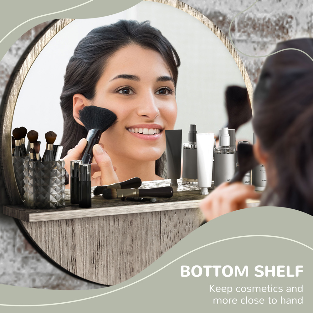 Kleankin Grey Wood Effect Round Makeup Mirror with Shelf 45cm Image 4