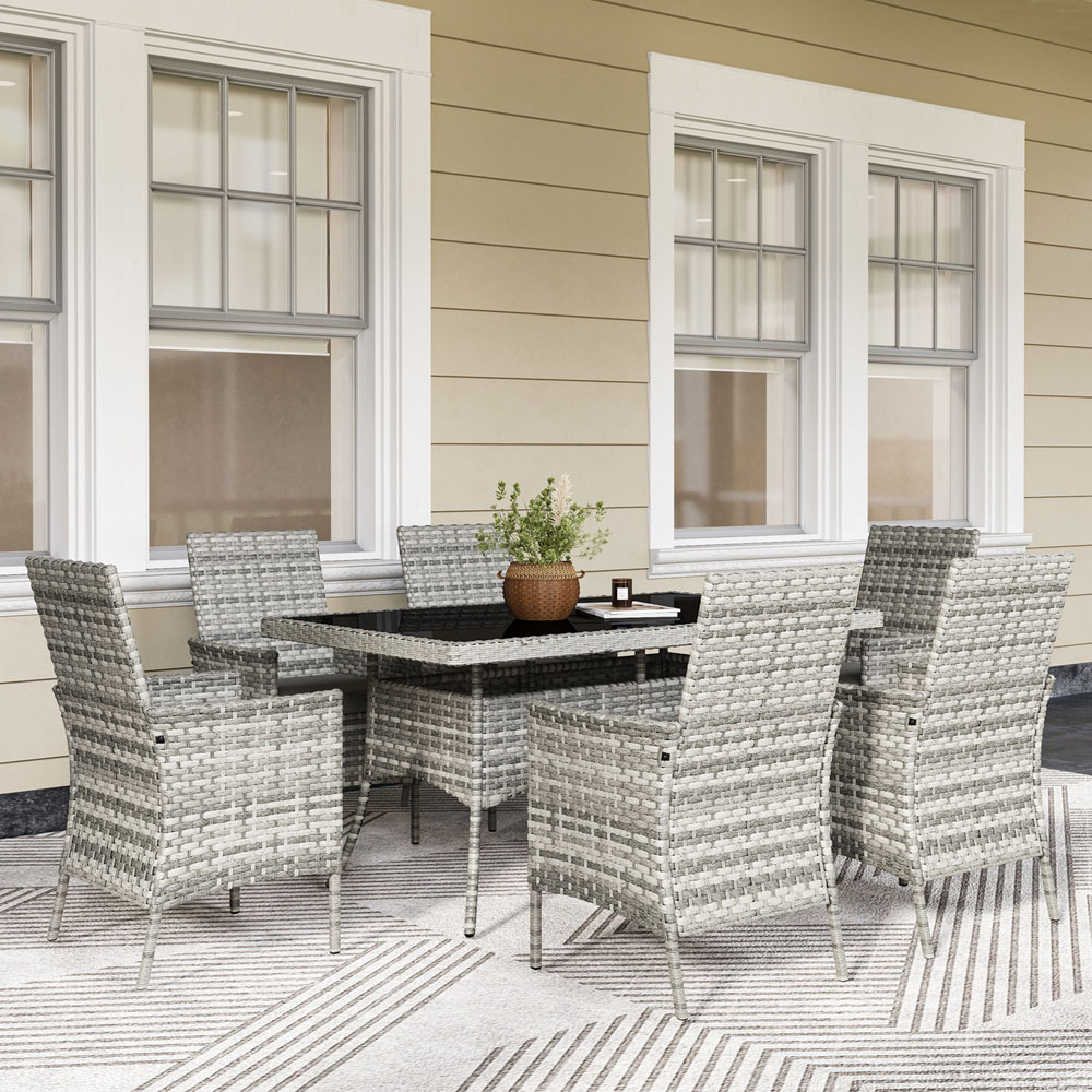 Outsunny 6 Seater Mixed Grey Rattan Garden Dining Set with Cushions Image 1