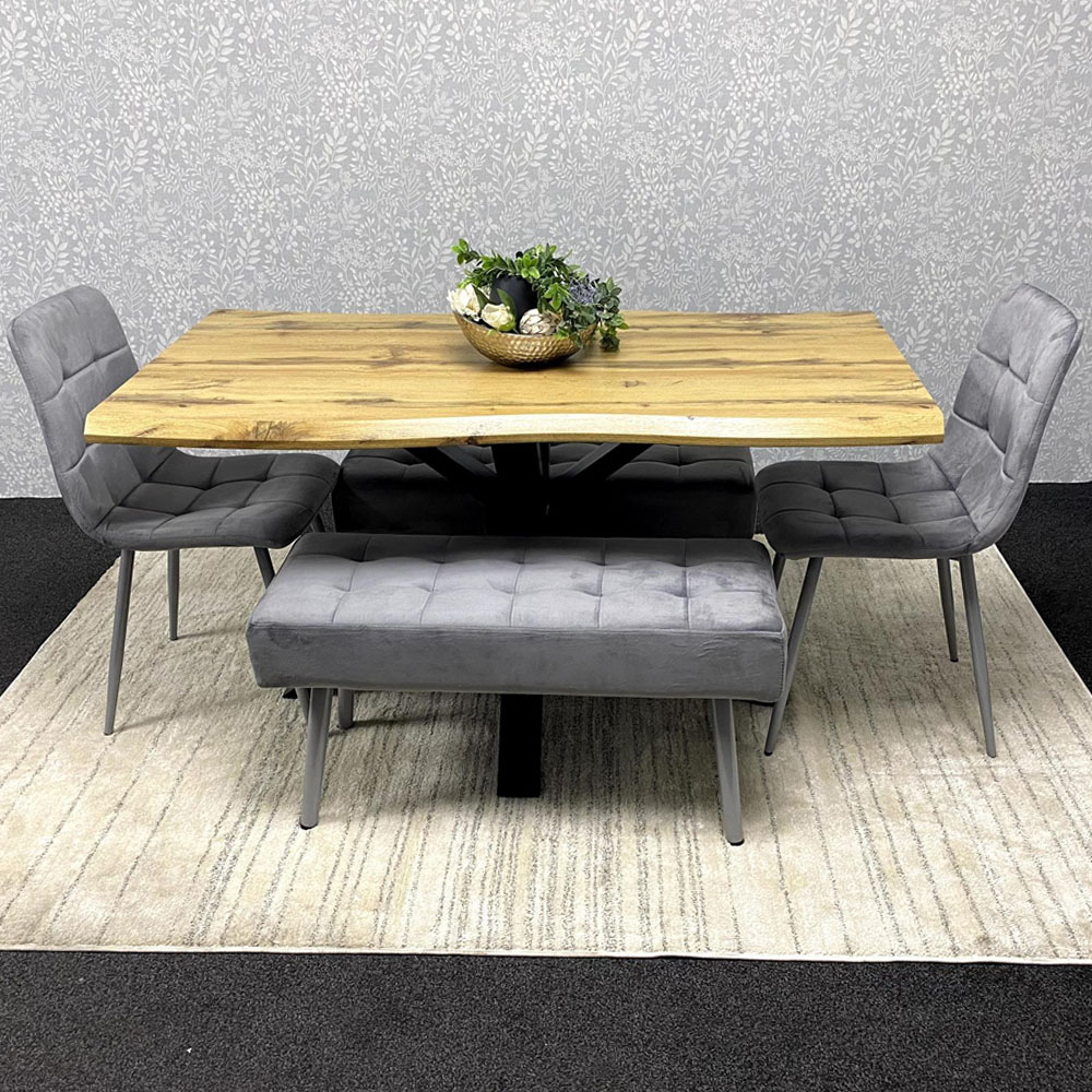 Kosy Koala 6 Seater Velvet Wooden Rectangle Dining Set with Bench Grey Image 1