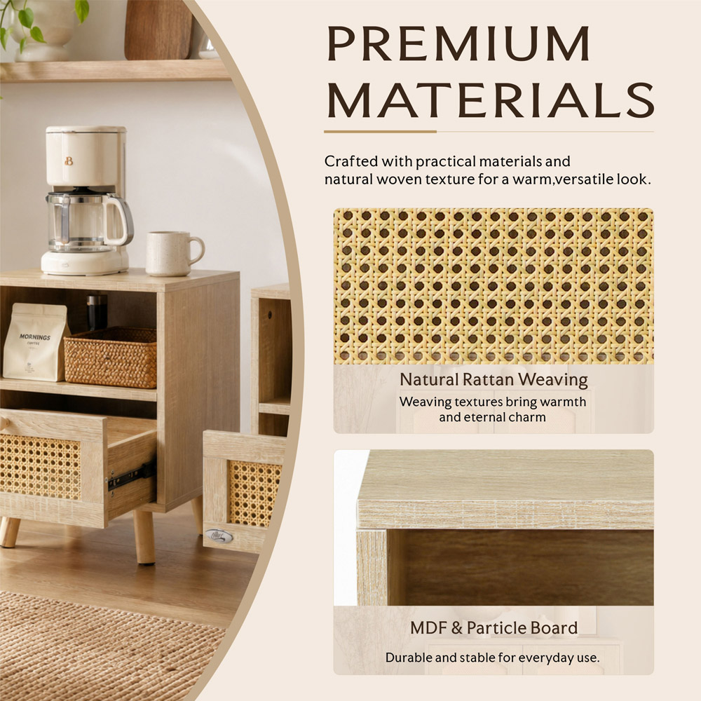 Abrihome Single Drawer Single Shelf Natural Wooden Rattan Nightstand Set of 2 Image 6
