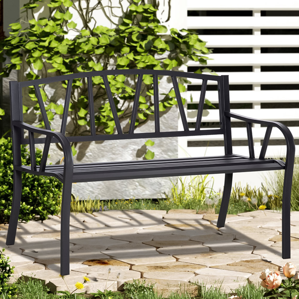 Outsunny 2 Seater Black Metal Garden Bench with Decorative Backrest Image 1