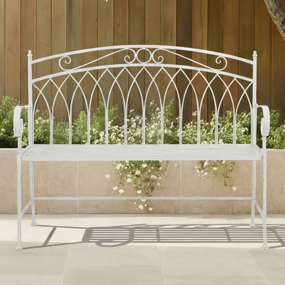 Charles Bentley 2 Seater Antique White Decorative Rustic Metal Garden Bench Image 1
