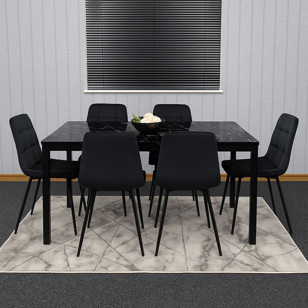 Kosy Koala 6 Seater Velvet Marble Effect Dining Set Black Image 5