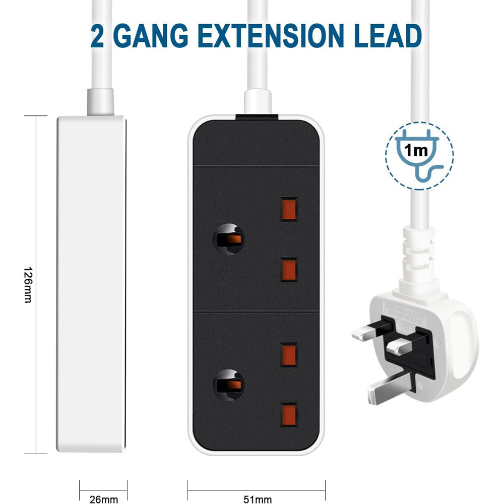 ExtraStar 13A 1m 2 Socket Black Extension Lead Image 4