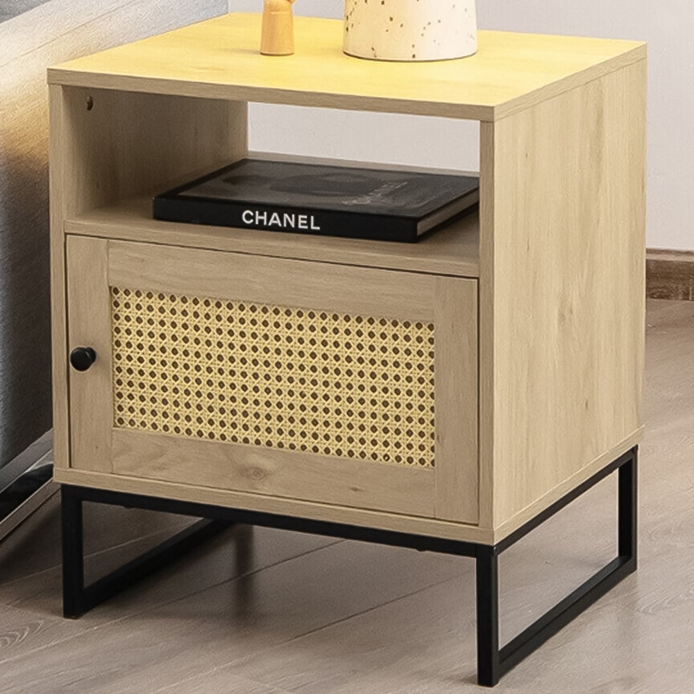 Costway Single Door Single Shelf Natural Rattan Modern Wooden Bedside Table Image 1
