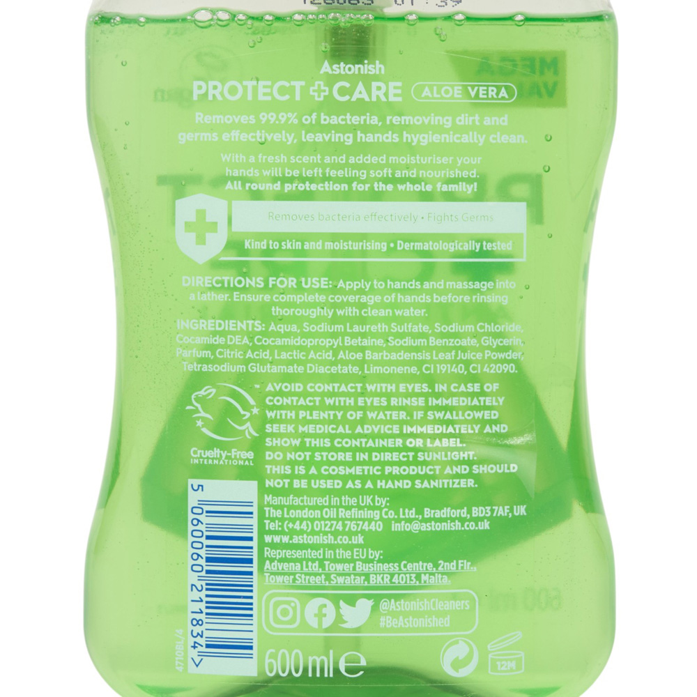 Astonish Aloe Vera Antibacterial Handwash 600ml Image 3