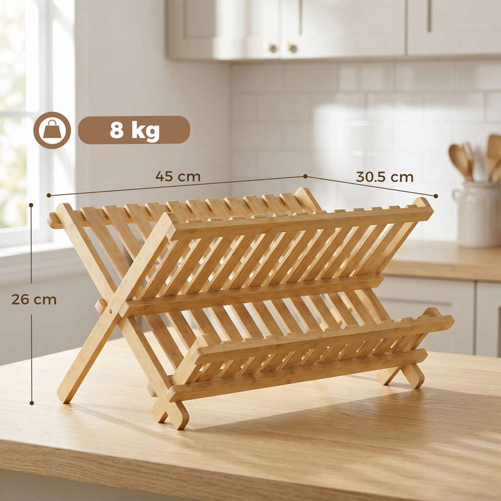 HOMCOM 2-Tier Natural Foldable Kitchen Storage Unit with Slatted Draining Shelves Image 9